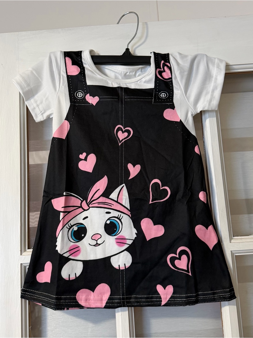 Girls Black and Pink Heart Cat Pinafore Dress
